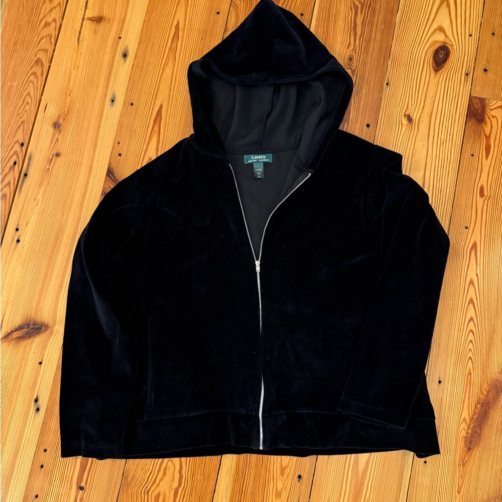 Lauren Ralph Lauren Velour Zip Jacket Black 2X Minimalist Cozy Comfort Y2K